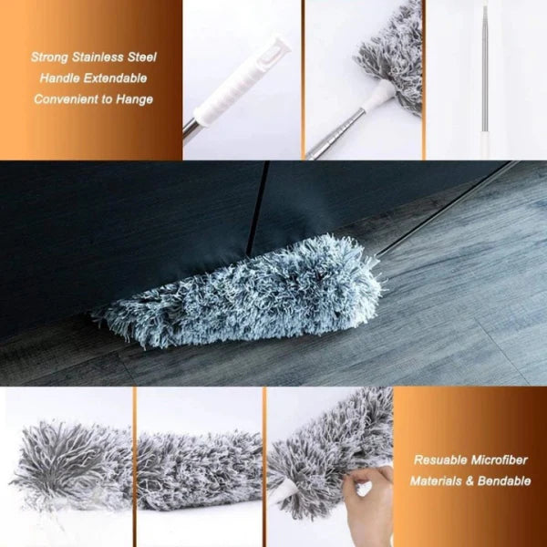 Microfiber Duster with Extension Pole (Stainless Steel) 30 to 100'', with Bendable Head, Extendable Long Duster for Cleaning Ceiling Fan, High Ceiling, Furniture, Cars